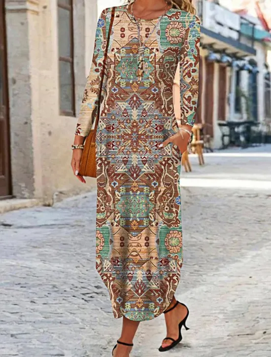 Clearance Women's Maxi Dress Ethnic Dress Print Dress Spring Dress Vintage Ethnic Tribal Outdoor Vacation Daily Regular Fit Floral Tribal Long Sleeve Crew Neck White Yellow Wine Blue Summer Spring Fall Women T Shirt Dresses