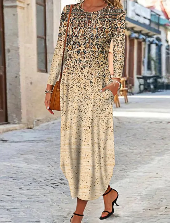 Clearance Women's Maxi Dress Ethnic Dress Print Dress Spring Dress Vintage Ethnic Tribal Outdoor Vacation Daily Regular Fit Floral Tribal Long Sleeve Crew Neck White Yellow Wine Blue Summer Spring Fall Women T Shirt Dresses