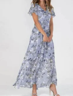 Clearance Women's Maxi Dress Floral Print V-Neck Flutter Sleeve Flowy Blue White Elegant Wedding Guest Garden Party Summer Spring Feminine Silhouette Lightweight Comfortable Various Sizes Women Floral Dresses