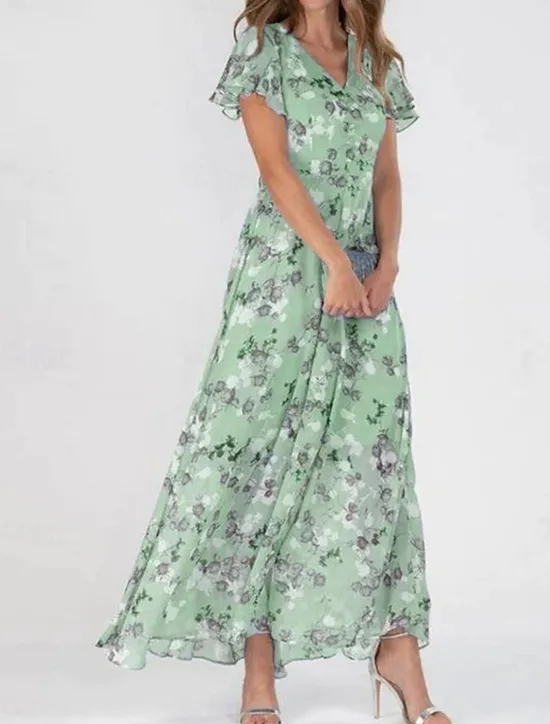 Clearance Women's Maxi Dress Floral Print V-Neck Flutter Sleeve Flowy Blue White Elegant Wedding Guest Garden Party Summer Spring Feminine Silhouette Lightweight Comfortable Various Sizes Women Floral Dresses