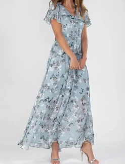 Clearance Women's Maxi Dress Floral Print V-Neck Flutter Sleeve Flowy Blue White Elegant Wedding Guest Garden Party Summer Spring Feminine Silhouette Lightweight Comfortable Various Sizes Women Floral Dresses