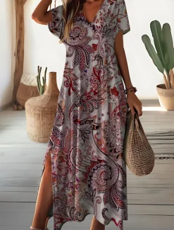 Outlet Women's Maxi Dress Floral Ditsy Floral Split Print V Neck Daily Vacation Short Sleeve Summer Spring Women Spring Dresses
