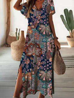 Outlet Women's Maxi Dress Floral Ditsy Floral Split Print V Neck Daily Vacation Short Sleeve Summer Spring Women Spring Dresses
