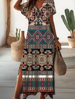 Outlet Women's Maxi Dress Floral Ditsy Floral Split Print V Neck Daily Vacation Short Sleeve Summer Spring Women Spring Dresses