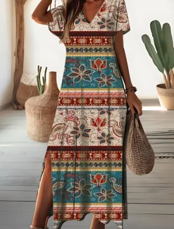 Outlet Women's Maxi Dress Floral Ditsy Floral Split Print V Neck Daily Vacation Short Sleeve Summer Spring Women Spring Dresses