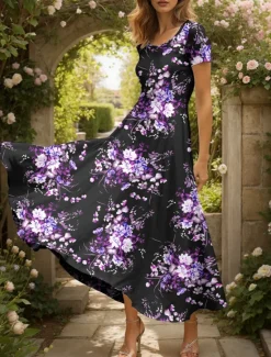 Online Women's Maxi Dress Knit Dress Casual Dress A Line Dress Summer Dress Elegant Vacation Casual Regular Fit Floral Graphic Short Sleeve Square Neck Scoop Neck Yellow Red Blue Purple Summer Spring Women Vacation Dresses