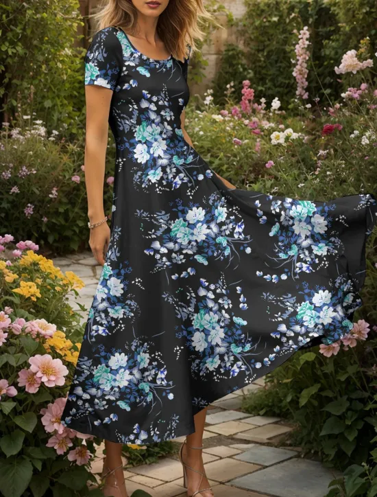 Online Women's Maxi Dress Knit Dress Casual Dress A Line Dress Summer Dress Elegant Vacation Casual Regular Fit Floral Graphic Short Sleeve Square Neck Scoop Neck Yellow Red Blue Purple Summer Spring Women Vacation Dresses