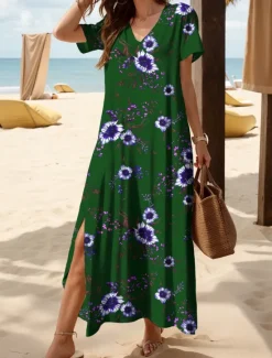 Women's Maxi Dress Knit Dress Casual Dress Sundress A Line Dress Elegant Vacation Casual Beach Regular Fit Floral Graphic Short Sleeve V Neck Dark Brown Red Blue Purple Summer Spring Women Vacation Dresses