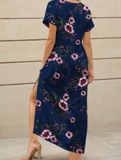 Women's Maxi Dress Knit Dress Casual Dress Sundress A Line Dress Elegant Vacation Casual Beach Regular Fit Floral Graphic Short Sleeve V Neck Dark Brown Red Blue Purple Summer Spring Women Vacation Dresses
