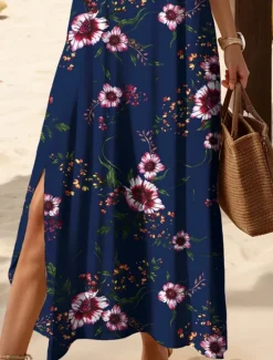 Women's Maxi Dress Knit Dress Casual Dress Sundress A Line Dress Elegant Vacation Casual Beach Regular Fit Floral Graphic Short Sleeve V Neck Dark Brown Red Blue Purple Summer Spring Women Vacation Dresses