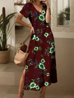 Women's Maxi Dress Knit Dress Casual Dress Sundress A Line Dress Elegant Vacation Casual Beach Regular Fit Floral Graphic Short Sleeve V Neck Dark Brown Red Blue Purple Summer Spring Women Vacation Dresses