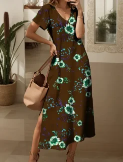 Women's Maxi Dress Knit Dress Casual Dress Sundress A Line Dress Elegant Vacation Casual Beach Regular Fit Floral Graphic Short Sleeve V Neck Dark Brown Red Blue Purple Summer Spring Women Vacation Dresses