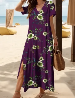 Women's Maxi Dress Knit Dress Casual Dress Sundress A Line Dress Elegant Vacation Casual Beach Regular Fit Floral Graphic Short Sleeve V Neck Dark Brown Red Blue Purple Summer Spring Women Vacation Dresses
