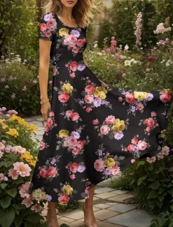 New Women's Maxi Dress Knit Dress Casual Dress A Line Dress Summer Dress Elegant Vacation Casual Regular Fit Floral Graphic Short Sleeve Square Neck Scoop Neck Black Yellow Red Blue Summer Spring Women Vacation Dresses
