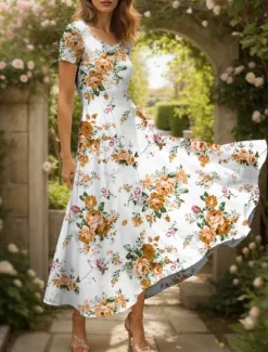 New Women's Maxi Dress Knit Dress Casual Dress A Line Dress Summer Dress Elegant Vacation Casual Regular Fit Floral Graphic Short Sleeve Square Neck Scoop Neck Black Yellow Red Blue Summer Spring Women Vacation Dresses