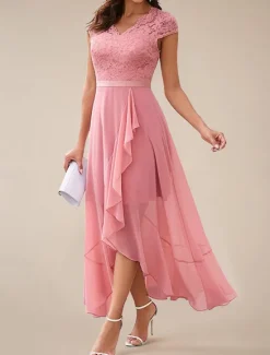 Clearance Women's Maxi Dress Lace Dress Cocktail Dress Wedding Guest Dress Chiffon Dress Elegant Formal Wedding Guest Cocktail Party Regular Fit Short Sleeve V Neck Black Pink Red Navy Blue Summer Women Cocktail Dress