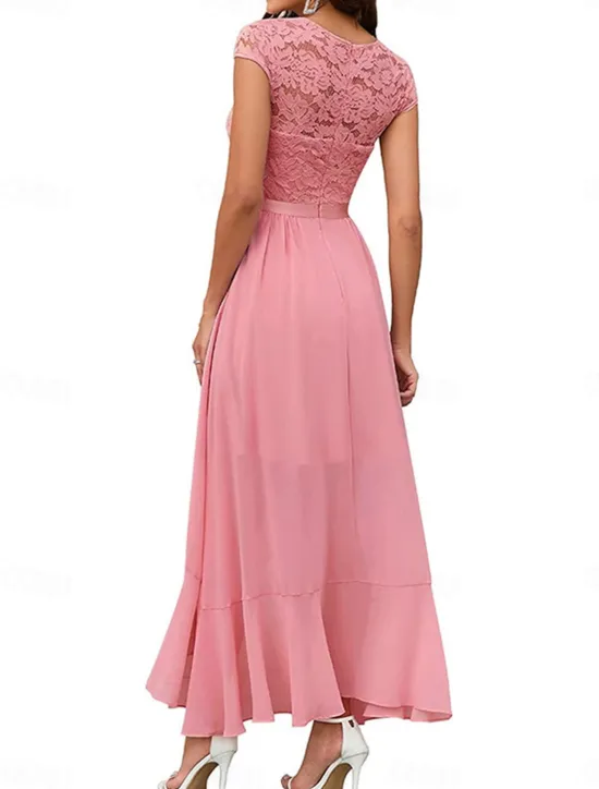 Clearance Women's Maxi Dress Lace Dress Cocktail Dress Wedding Guest Dress Chiffon Dress Elegant Formal Wedding Guest Cocktail Party Regular Fit Short Sleeve V Neck Black Pink Red Navy Blue Summer Women Cocktail Dress