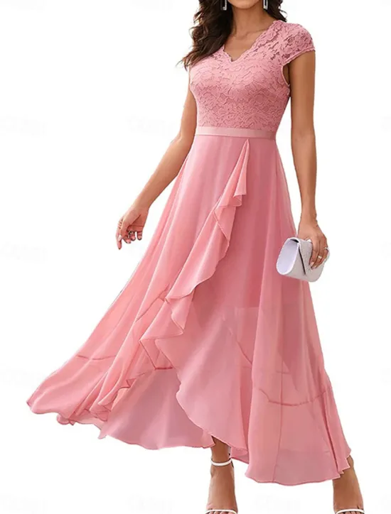 Clearance Women's Maxi Dress Lace Dress Cocktail Dress Wedding Guest Dress Chiffon Dress Elegant Formal Wedding Guest Cocktail Party Regular Fit Short Sleeve V Neck Black Pink Red Navy Blue Summer Women Cocktail Dress