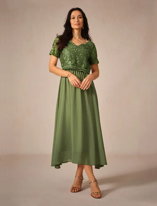 Outlet Women's Maxi Dress Lace Dress Wedding Guest Dress Semi Formal Dress A Line Dress Elegant Wedding Guest Cocktail Party Regular Fit Solid Color Short Sleeve V Neck Summer Spring Women Cocktail Dress