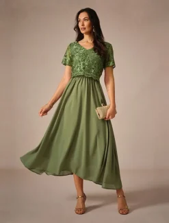Outlet Women's Maxi Dress Lace Dress Wedding Guest Dress Semi Formal Dress A Line Dress Elegant Wedding Guest Cocktail Party Regular Fit Solid Color Short Sleeve V Neck Summer Spring Women Cocktail Dress