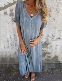 Sale Women's Maxi Dress Linen-Inspired Dresses Casual Dress Plain Dress Casual Sports & Outdoor Street Regular Fit Plain Short Sleeve V Neck Pink Blue Green Summer Women Dresses