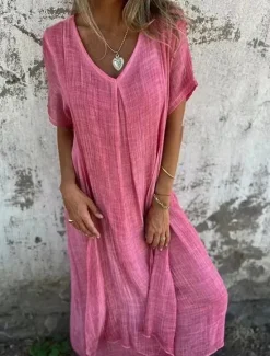 Sale Women's Maxi Dress Linen-Inspired Dresses Casual Dress Plain Dress Casual Sports & Outdoor Street Regular Fit Plain Short Sleeve V Neck Pink Blue Green Summer Women Dresses