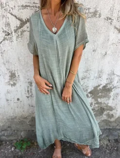 Sale Women's Maxi Dress Linen-Inspired Dresses Casual Dress Plain Dress Casual Sports & Outdoor Street Regular Fit Plain Short Sleeve V Neck Pink Blue Green Summer Women Dresses