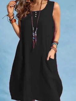 Hot Women's Maxi Dress Linen-Inspired Dresses Casual Dress Stylish Basic Casual Vacation Daily Regular Fit Plain Sleeveless Crew Neck Black Red Blue Summer Spring Women Dresses