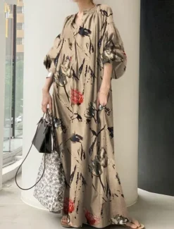 Outlet Women's Maxi Dress Linen-Inspired Dresses Swing Dress Elegant Vacation Daily Loose Fit Floral Long Sleeve V Neck Light Green Beige Spring Fall Women Dresses