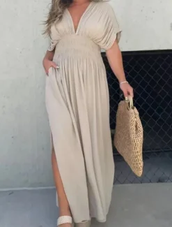 Sale Women's Maxi Dress Linen-Inspired Dresses Casual Dress Plain Dress Casual Sports & Outdoor Street Regular Fit Plain Half Sleeve V Neck Wine Orange Apricot Summer Spring Fall Women Dresses