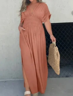 Sale Women's Maxi Dress Linen-Inspired Dresses Casual Dress Plain Dress Casual Sports & Outdoor Street Regular Fit Plain Half Sleeve V Neck Wine Orange Apricot Summer Spring Fall Women Dresses