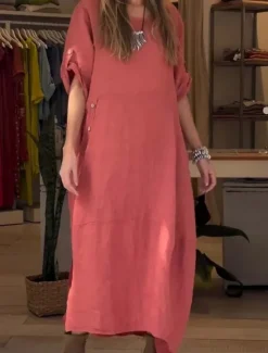 Online Women's Maxi Dress Linen-Inspired Dresses Casual Dress Plain Dress Casual Sports & Outdoor Street Regular Fit Plain Half Sleeve Crew Neck Pink Red Summer Spring Fall Women Dresses