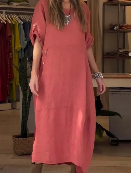 Online Women's Maxi Dress Linen-Inspired Dresses Casual Dress Plain Dress Casual Sports & Outdoor Street Regular Fit Plain Half Sleeve Crew Neck Pink Red Summer Spring Fall Women Dresses