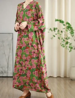 Clearance Women's Maxi Dress Linen-Inspi Dresses Casual Dress Stylish Casual Vacation Daily Regular Fit Floral Long Sleeve V Neck Spring Fall Women Dresses