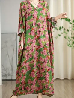 Clearance Women's Maxi Dress Linen-Inspi Dresses Casual Dress Stylish Casual Vacation Daily Regular Fit Floral Long Sleeve V Neck Spring Fall Women Dresses