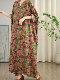 Clearance Women's Maxi Dress Linen-Inspi Dresses Casual Dress Stylish Casual Vacation Daily Regular Fit Floral Long Sleeve V Neck Spring Fall Women Dresses