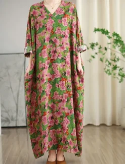 Clearance Women's Maxi Dress Linen-Inspi Dresses Casual Dress Stylish Casual Vacation Daily Regular Fit Floral Long Sleeve V Neck Spring Fall Women Dresses