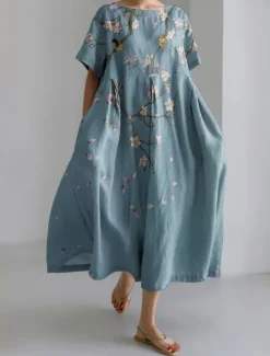 Sale Women's Maxi Dress Linen-Inspired Dresses Casual Dress Swing Dress Casual Daily Regular Fit Floral Long Sleeve Crew Neck Navy Blue Blue Green Spring Fall Women Dresses