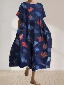 Sale Women's Maxi Dress Linen-Inspired Dresses Casual Dress Swing Dress Casual Daily Regular Fit Floral Long Sleeve Crew Neck Navy Blue Blue Green Spring Fall Women Dresses