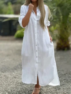 Women's Maxi Dress Linen-Inspired Dresses Elegant Vintage Stylish Vacation Daily Date Loose Fit Plain Long Sleeve Shirt Collar White Orange Spring Fall Women Dresses