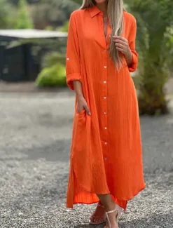 Women's Maxi Dress Linen-Inspired Dresses Elegant Vintage Stylish Vacation Daily Date Loose Fit Plain Long Sleeve Shirt Collar White Orange Spring Fall Women Dresses
