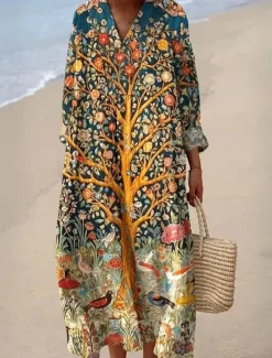 New Women's Maxi Dress Linen-Inspired Dresses Casual Dress Swing Dress Casual Daily Regular Fit Floral Long Sleeve V Neck Navy Blue Khaki Beige Summer Spring Fall Women Dresses|Spring Dresses