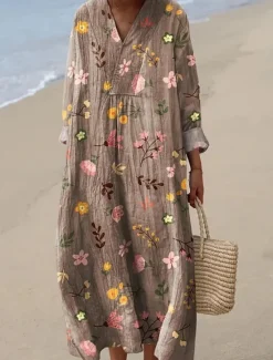 New Women's Maxi Dress Linen-Inspired Dresses Casual Dress Swing Dress Casual Daily Regular Fit Floral Long Sleeve V Neck Navy Blue Khaki Beige Summer Spring Fall Women Dresses|Spring Dresses