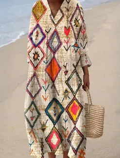 New Women's Maxi Dress Linen-Inspired Dresses Casual Dress Swing Dress Casual Daily Regular Fit Floral Long Sleeve V Neck Navy Blue Khaki Beige Summer Spring Fall Women Dresses|Spring Dresses