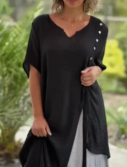 Women's Maxi Dress Linen-Inspired Dresses Casual Dress Plain Dress Cotton Maxi Dress Casual Sports & Outdoor Street Regular Fit Plain 3/4 Length Sleeve Stand Collar Black Khaki Summer Women Dresses