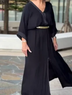 Outlet Women's Maxi Dress Linen-Inspired Dresses Casual Dress Basic Casual Vacation Daily Regular Fit Plain 3/4 Length Sleeve V Neck Black White Summer Spring Women Dresses