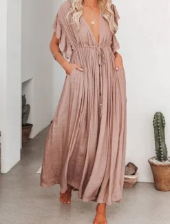 Discount Women's Maxi Dress Linen-Inspired Dresses White Dress Swing Dress Summer Dress Streetwear Maxi Basic Vacation Holiday Beach Loose Fit Short Sleeve V Neck Black White Khaki Beige Summer Women Dresses|White Dresses