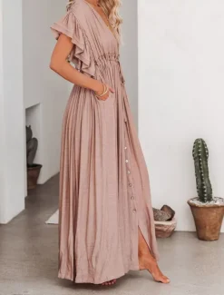 Discount Women's Maxi Dress Linen-Inspired Dresses White Dress Swing Dress Summer Dress Streetwear Maxi Basic Vacation Holiday Beach Loose Fit Short Sleeve V Neck Black White Khaki Beige Summer Women Dresses|White Dresses
