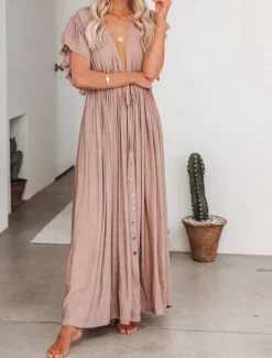 Discount Women's Maxi Dress Linen-Inspired Dresses White Dress Swing Dress Summer Dress Streetwear Maxi Basic Vacation Holiday Beach Loose Fit Short Sleeve V Neck Black White Khaki Beige Summer Women Dresses|White Dresses