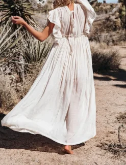 Discount Women's Maxi Dress Linen-Inspired Dresses White Dress Swing Dress Summer Dress Streetwear Maxi Basic Vacation Holiday Beach Loose Fit Short Sleeve V Neck Black White Khaki Beige Summer Women Dresses|White Dresses